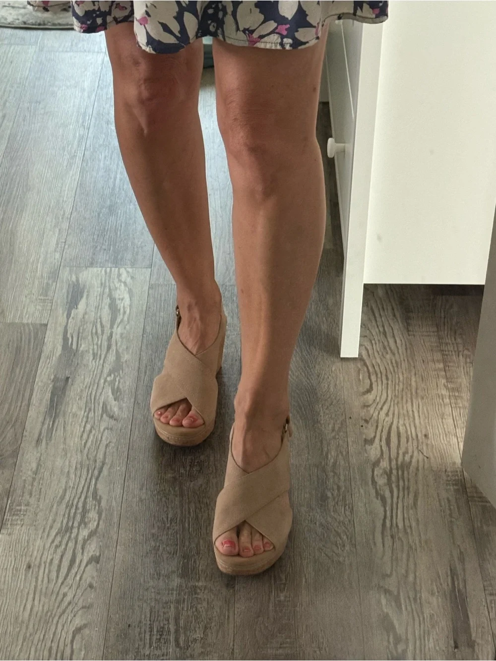 Clarks Beige Suede Cork Wedge Sandals, size 7